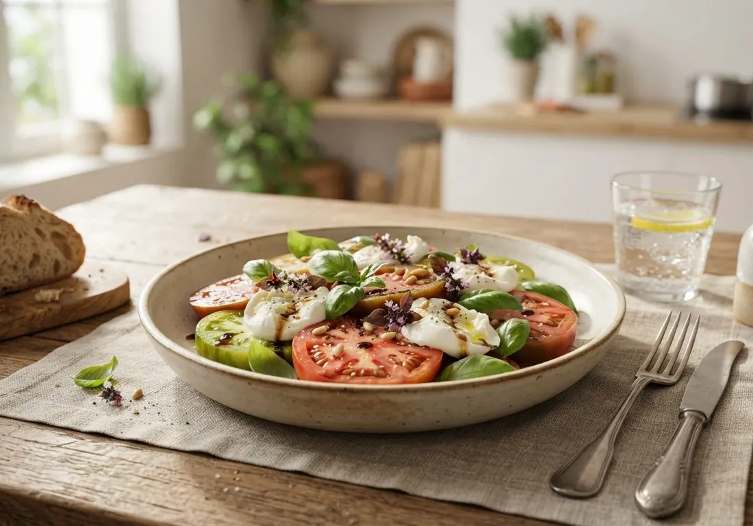 Salade fraîcheur de tomates anciennes, mozzarella di Bufala et basilic