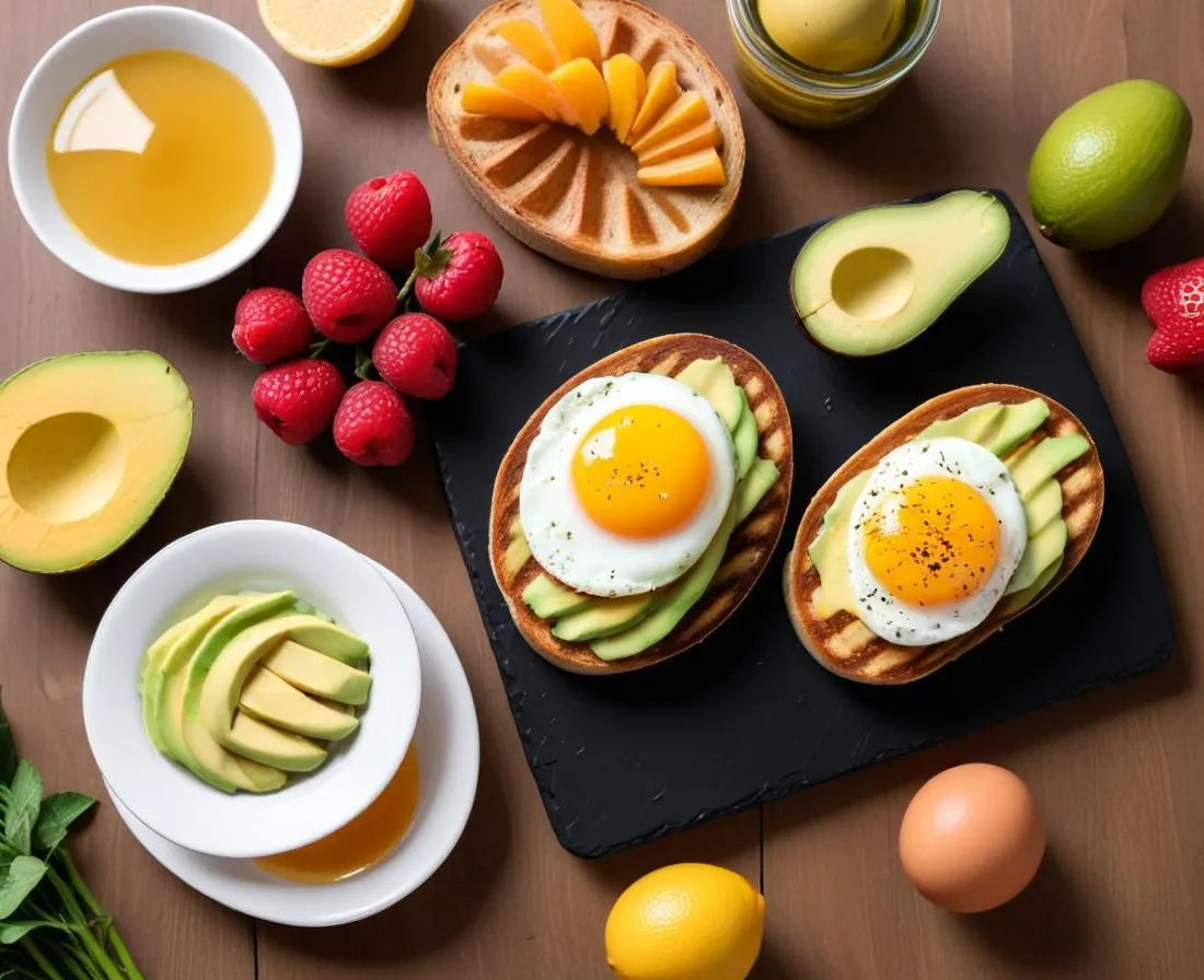 Brunch : Pain grillé, avocat, œufs brouillés et fruits frais