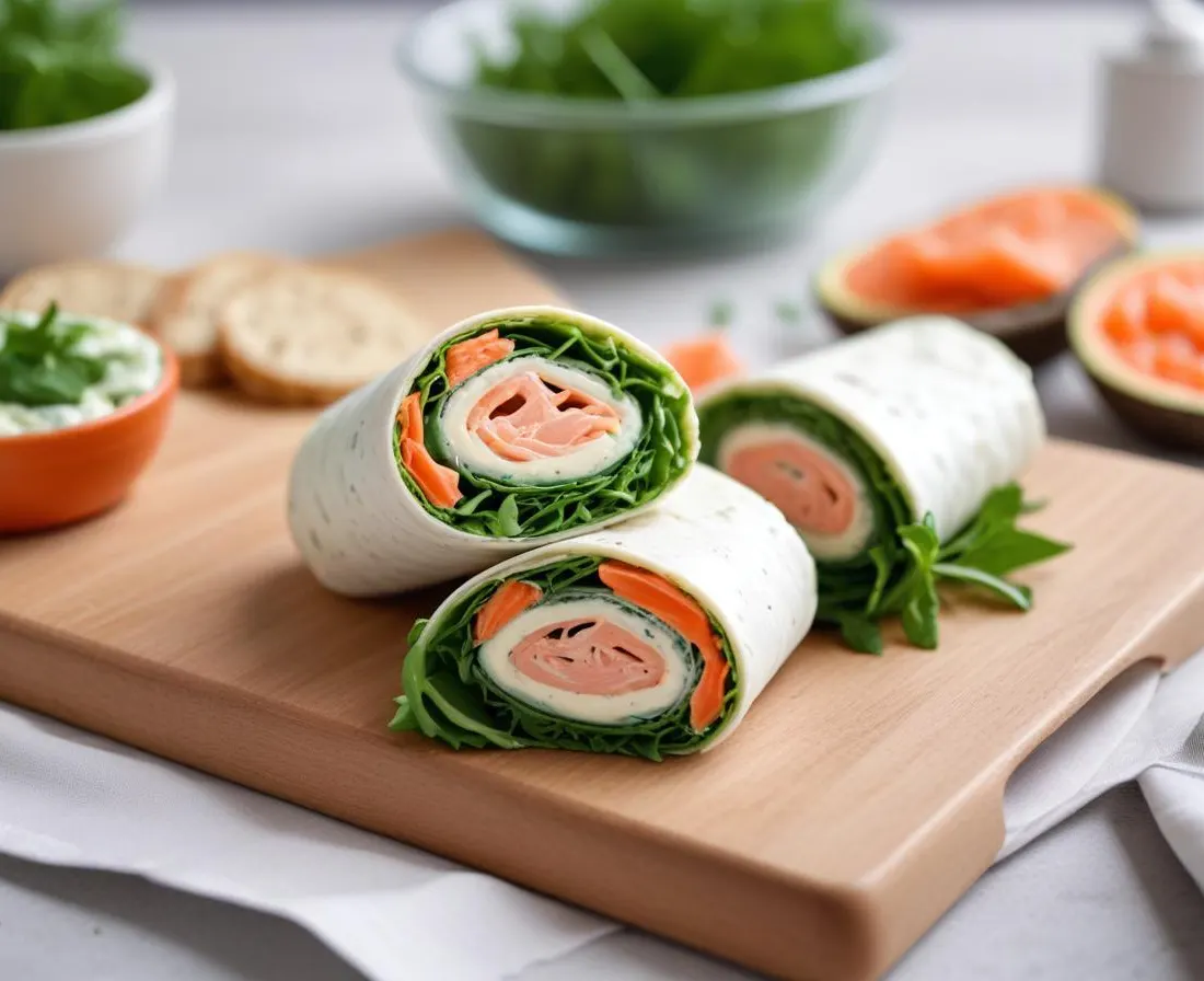 Wrap au saumon fumé, fromage frais aux herbes, concombre, roquette et câpres
