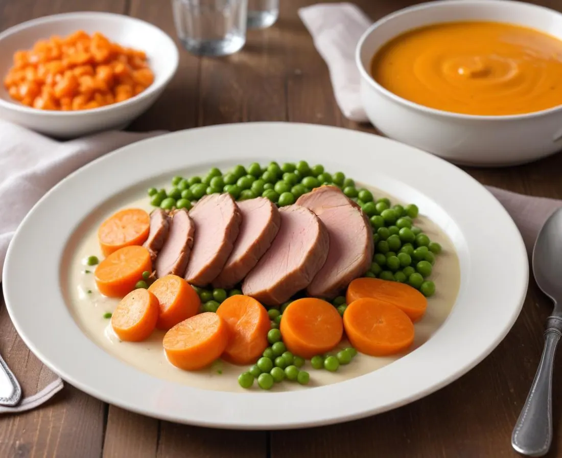Rôti de Porc au Lait, Purée de Carottes et Petits Pois