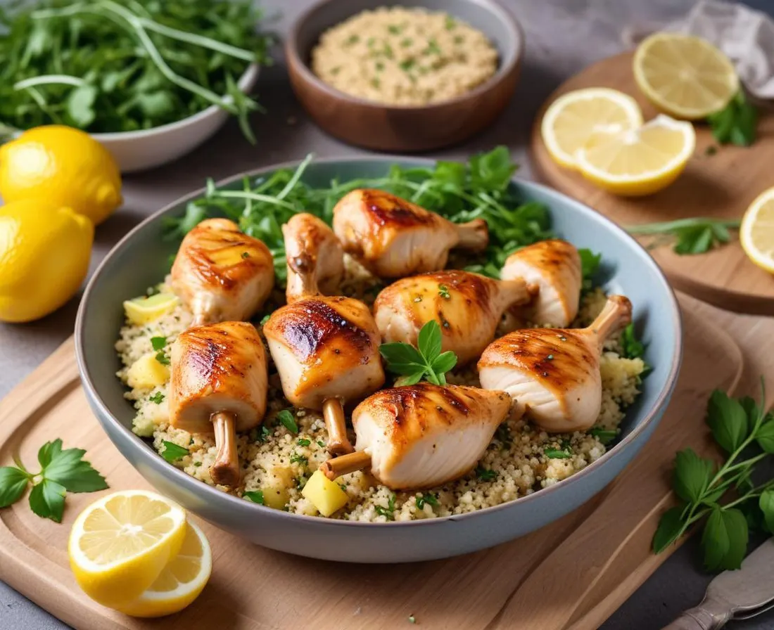 Brochettes de Poulet Mariné au Citron et Herbes, Salade de Quinoa