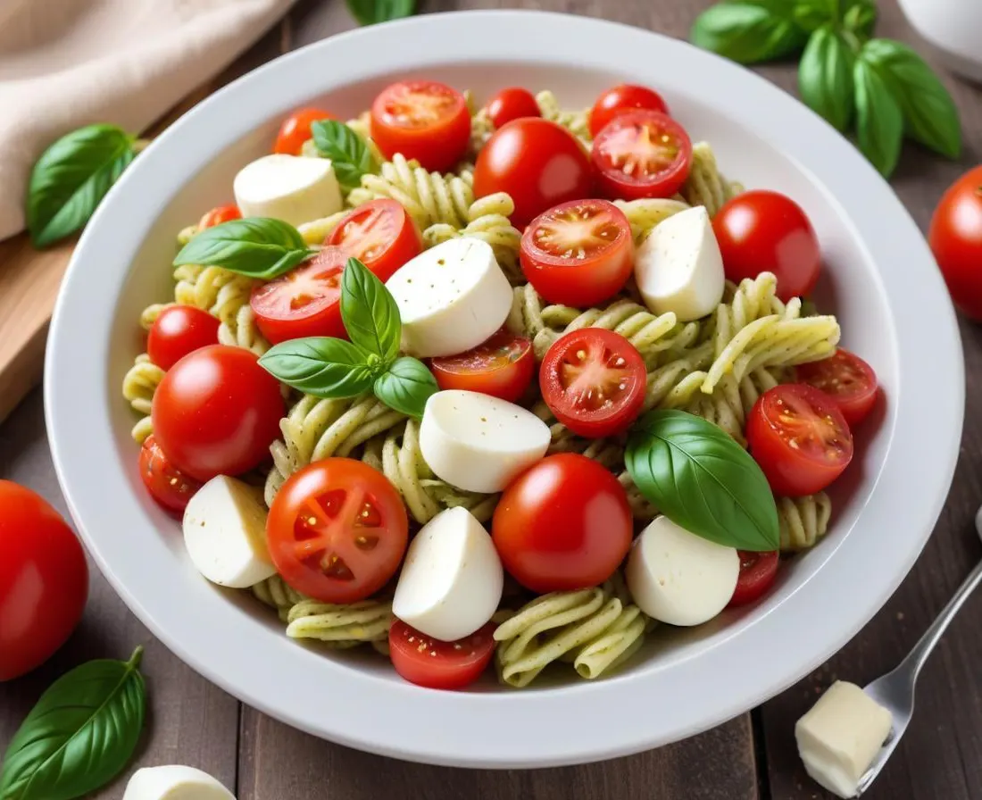 Salade de Pâtes Froides au Pesto, Tomates Cerises et Mozzarella