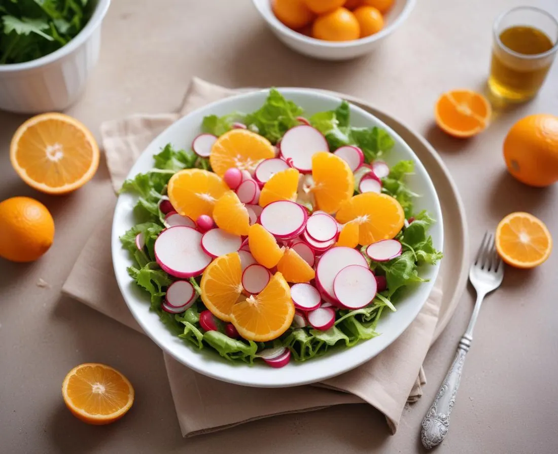 Salade tiède de jeunes pousses, radis croquants et vinaigrette à l’orange