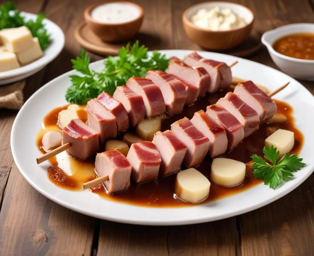 Brochettes de porc aux pruneaux et lard fumé