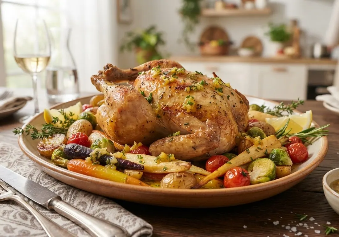 Poulet rôti aux légumes de saison et sauce au citron confit