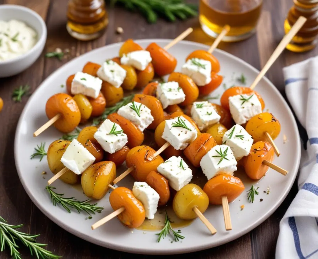 Brochettes de fenouil rôti et chèvre frais au miel