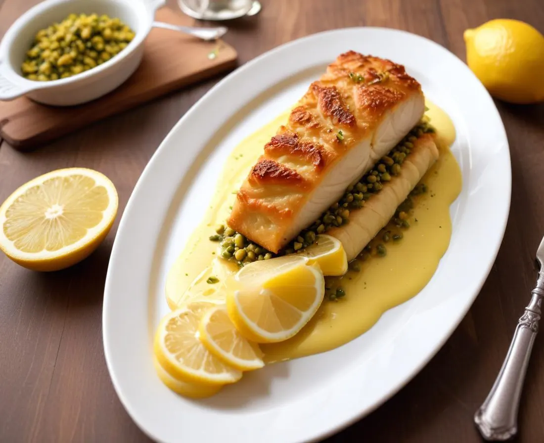 Cabillaud rôti en croûte de pistache et citron confit