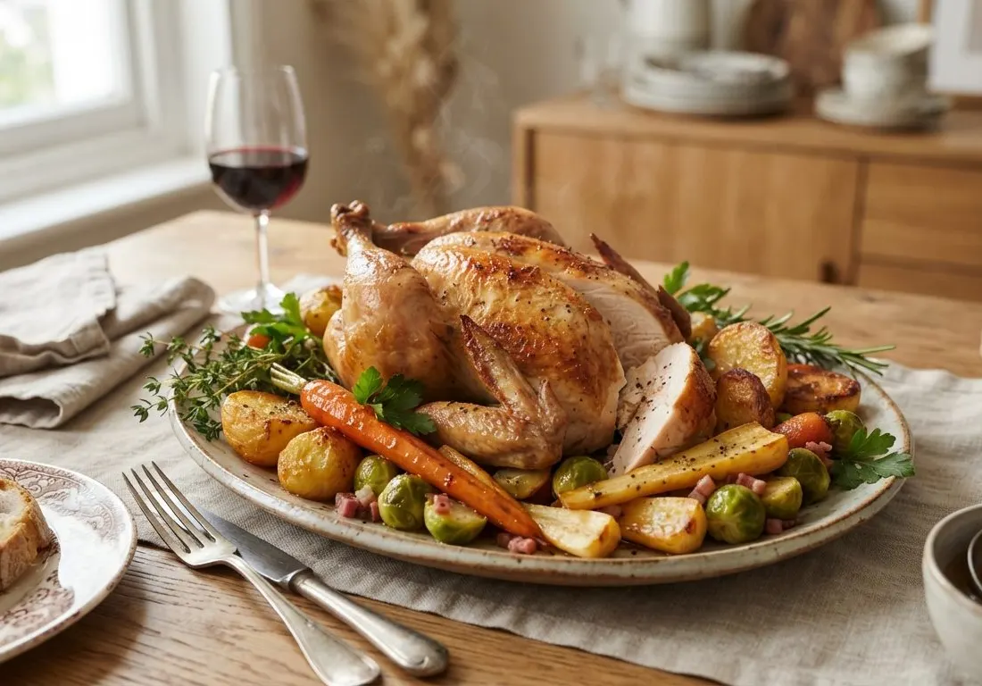 Poulet rôti du dimanche et légumes de saison glacés