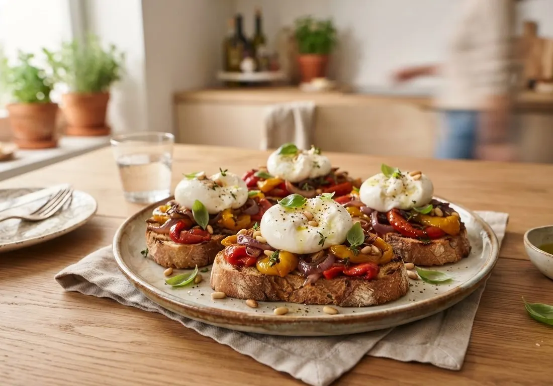 Bruschetta aux poivrons confits et burrata