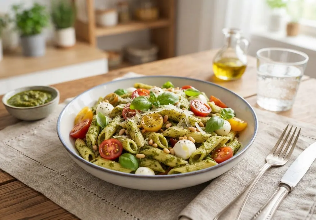 Salade de penne au pesto frais, tomates cerises et mozzarella