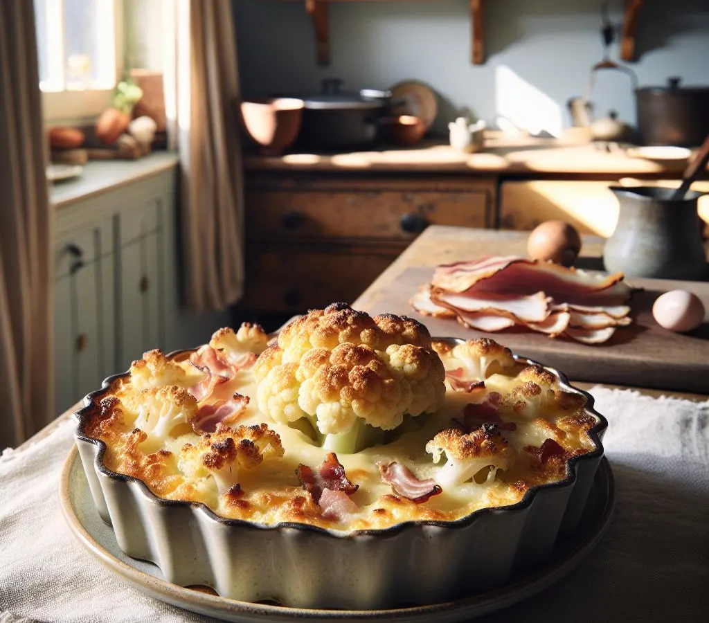 Gratin de chou-fleur au comté et lardons fumés