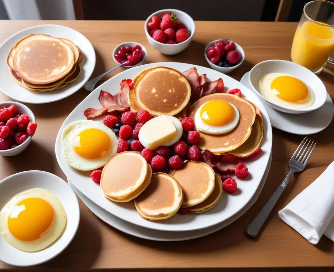 Brunch Gourmand : Oeufs Brouillés, Bacon Croustillant et Pancakes aux Fruits Rouges