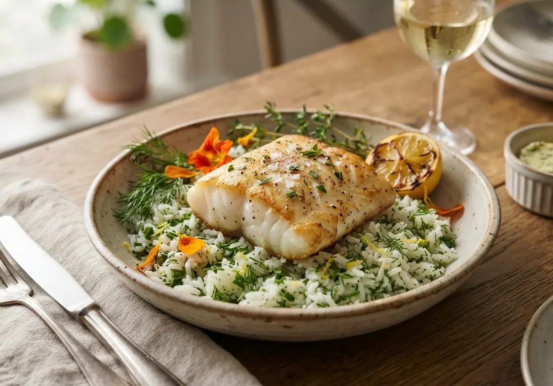 Filet de cabillaud et riz blanc aux herbes
