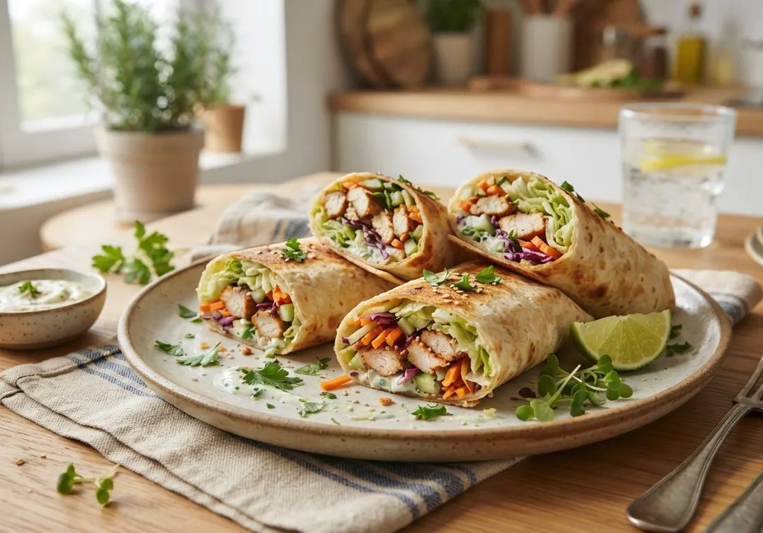 Wraps croustillants de poulet mariné et crudités croquantes