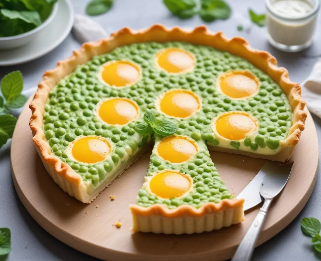 Tarte soleil aux petits pois, menthe et ricotta