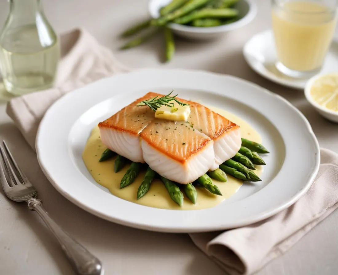 Filet de poisson au beurre citronné et purée d’asperges vertes