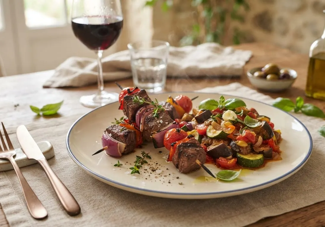 Brochettes de bœuf marinées et ratatouille confite