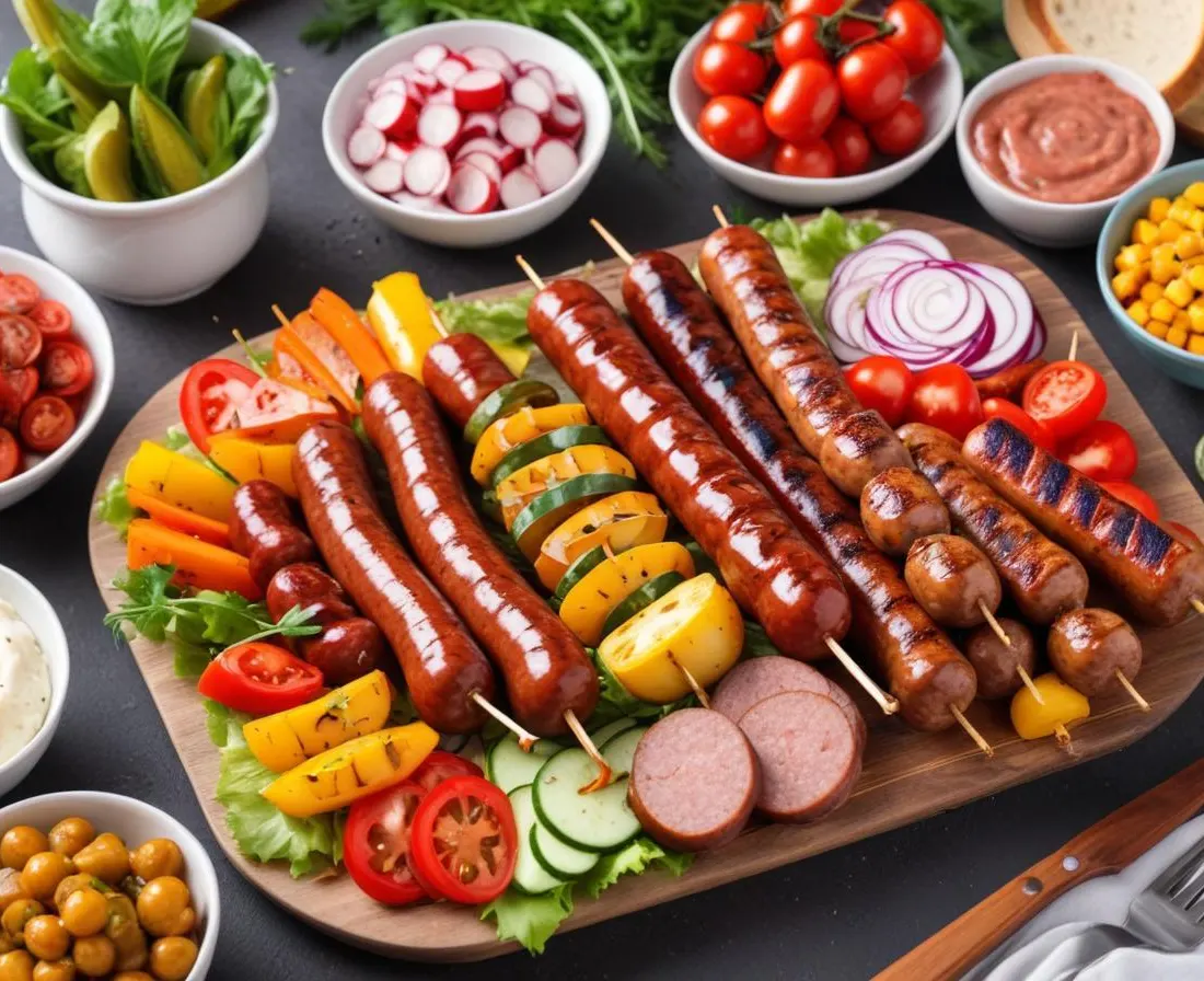 Barbecue estival : Saucisses, Merguez, Brochettes de Légumes et Salade