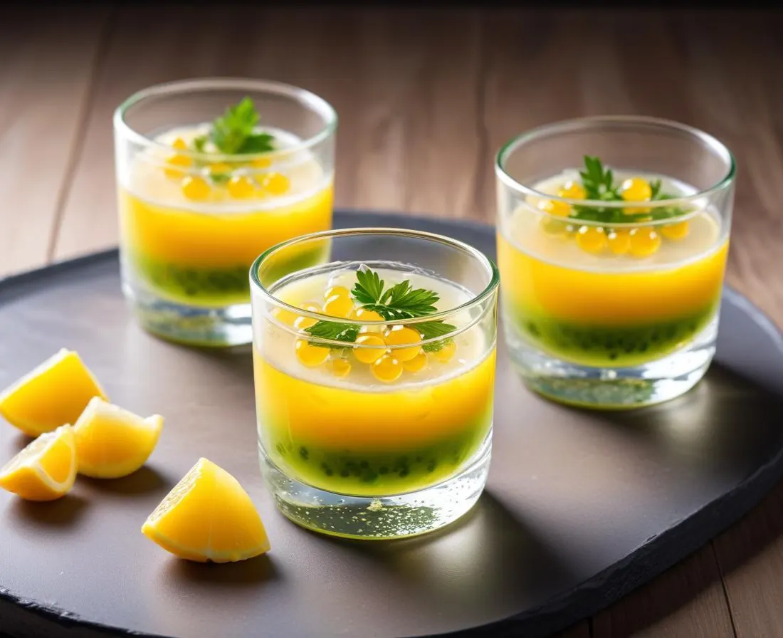 Verrine de bar mariné, gelée au yuzu et perles d'algues