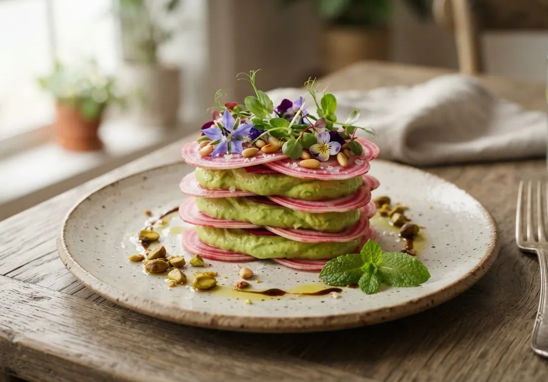 Carpaccio de Poire aux Épices Douces, Émulsion de Gorgonzola et Noix Pécan Caramélisées