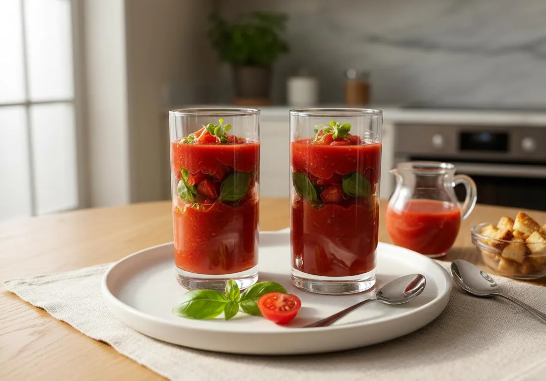 Verrines de Gaspacho à la Tomate en Conserve et Basilic