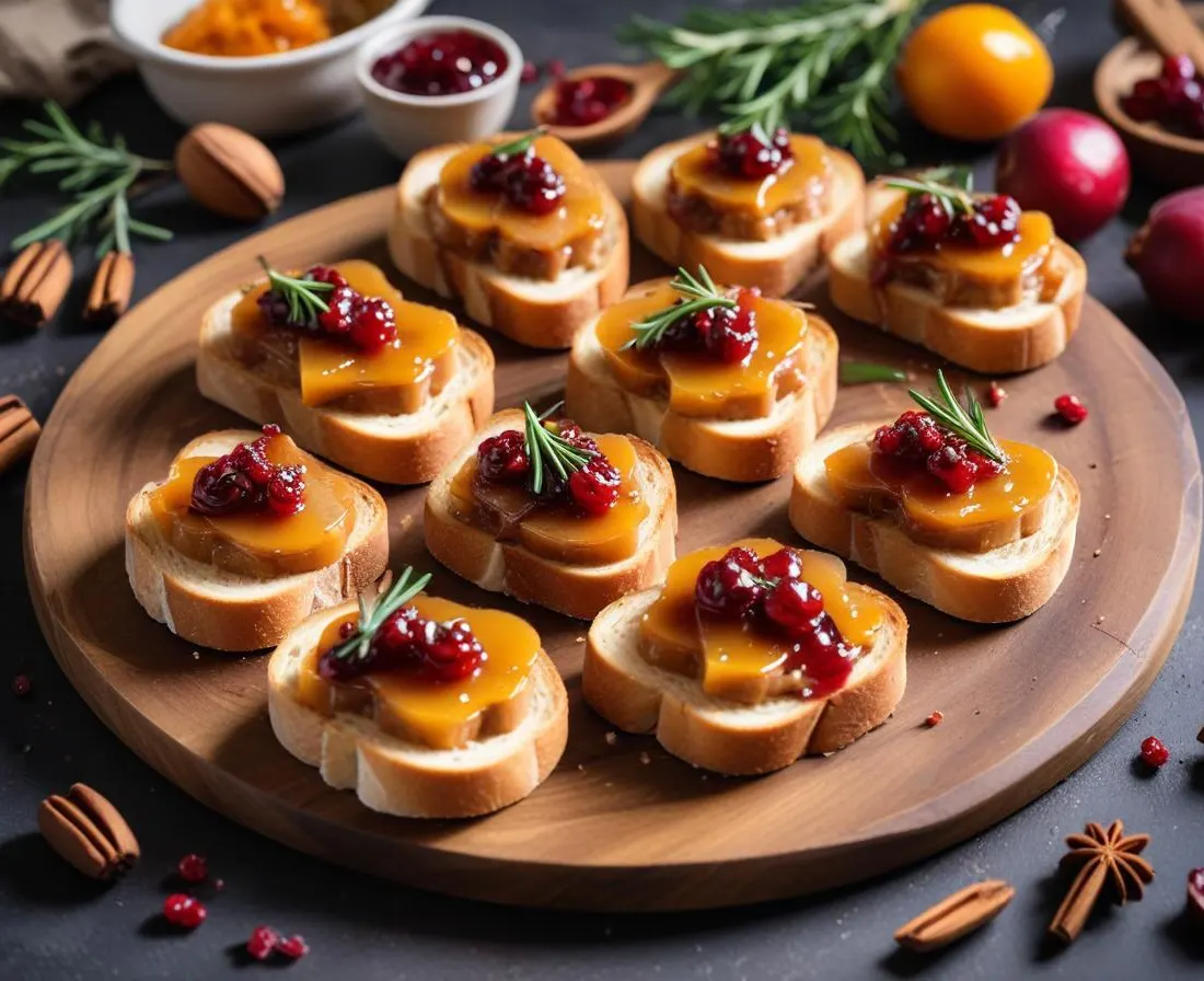 Toasts festifs au foie gras et chutney sur pain d'épices