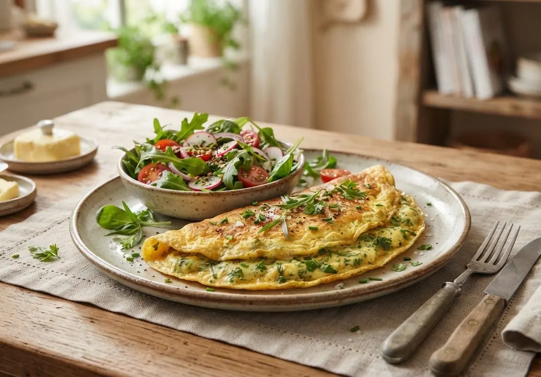 Omelette aux herbes et salade verte