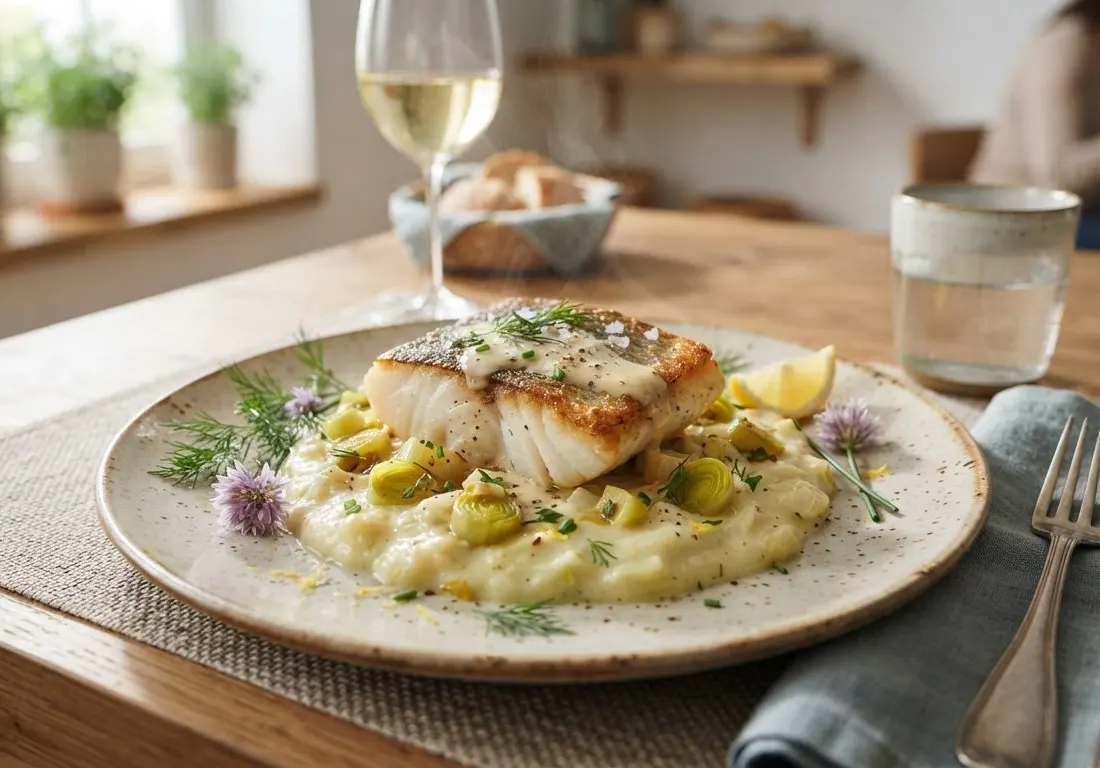 Filet de cabillaud poêlé et fondue de poireaux