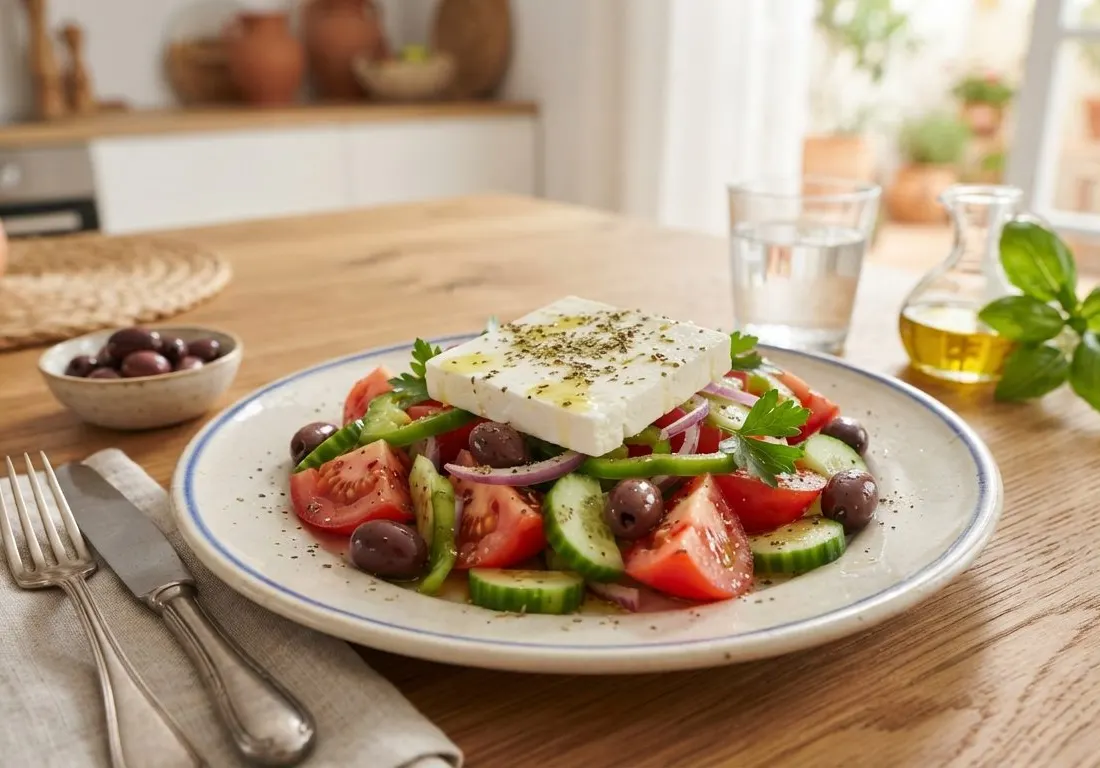 Authentique salade grecque aux tomates, concombre et feta