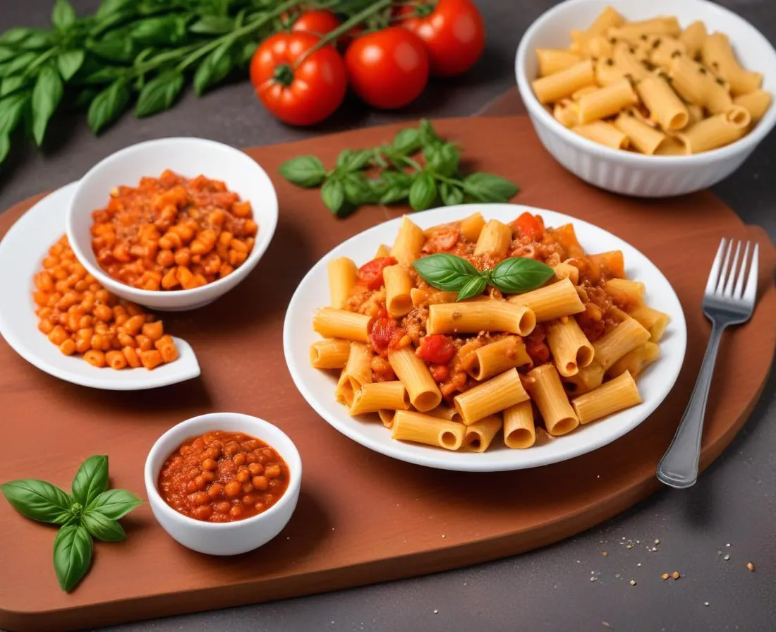 Mezzi Rigatoni aux Légumes, Sauce Tomate et Lentilles Corail