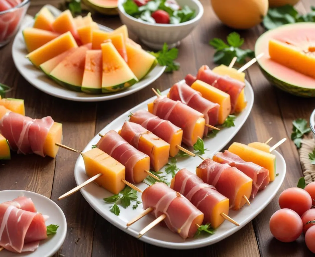 Brochettes de melon et jambon cru grillé