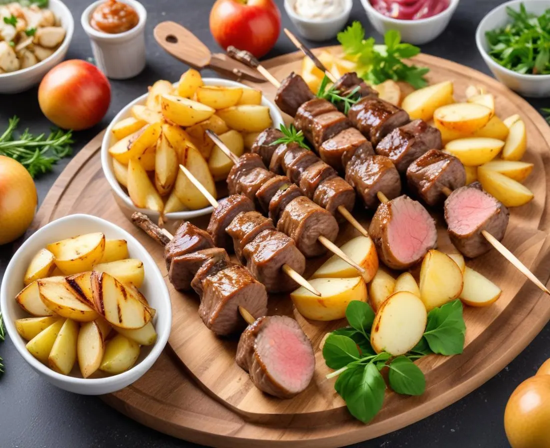 Brochettes d'agneau marinées, pommes de terre nouvelles au four, salade verte