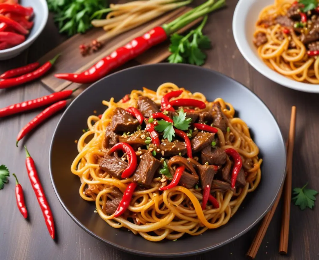 Boeuf Sauté aux Poivrons et Nouilles Chinoises