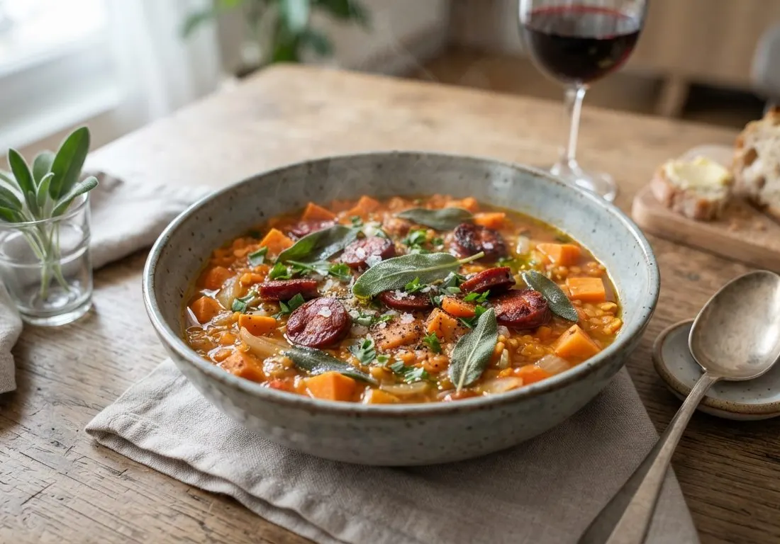 Ragoût de lentilles corail, patates douces et chorizo fumé à la sauge