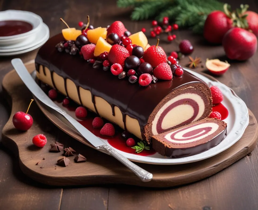 Bûche de Noël glacée aux fruits rouges et chocolat