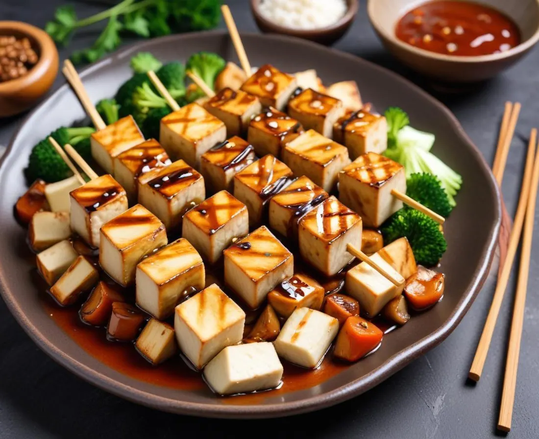 Brochettes de tofu et champignons sauce teriyaki