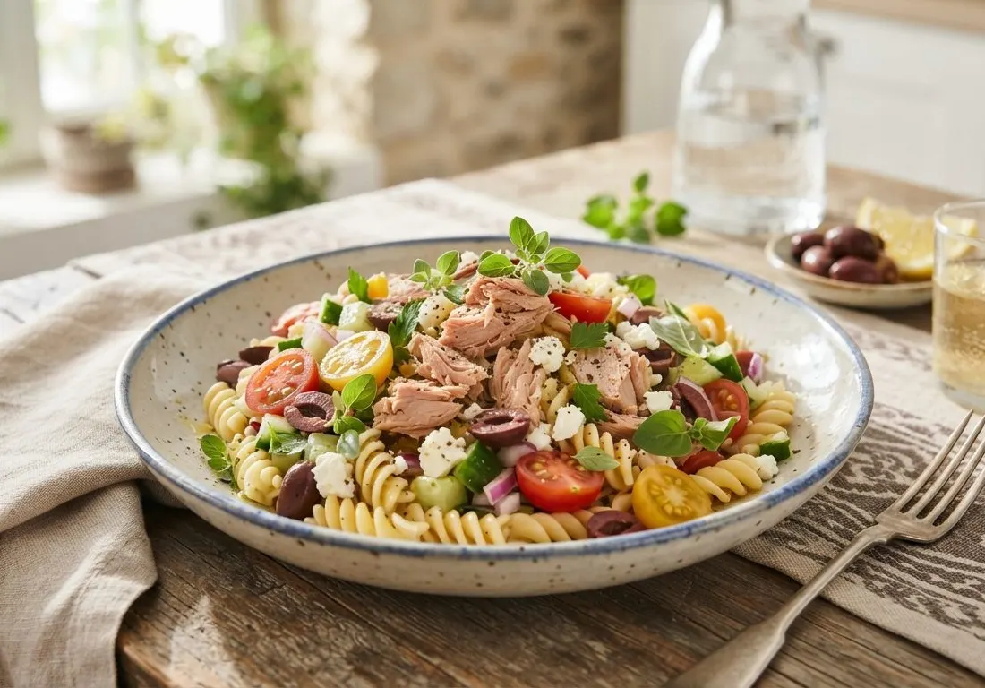 Salade de pâtes méditerranéenne au thon et aux tomates cerises
