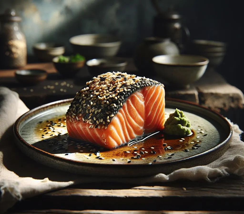 Filet de saumon en croûte de sésame et wasabi