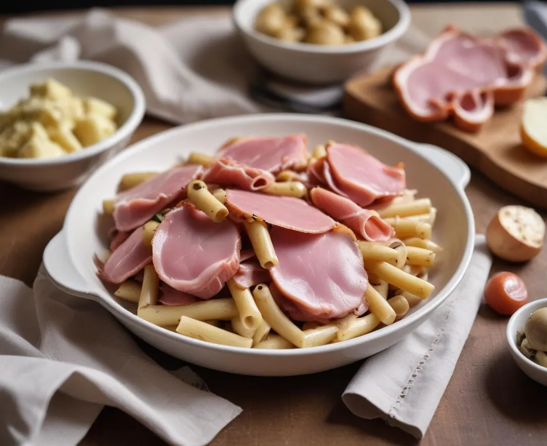 Pâtes au jambon grillé et champignons de Paris