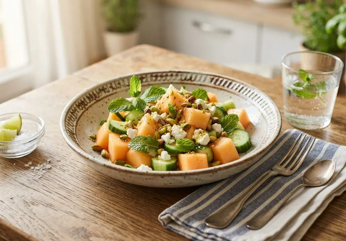 Salade fraîche de melon et concombre, menthe et citron vert