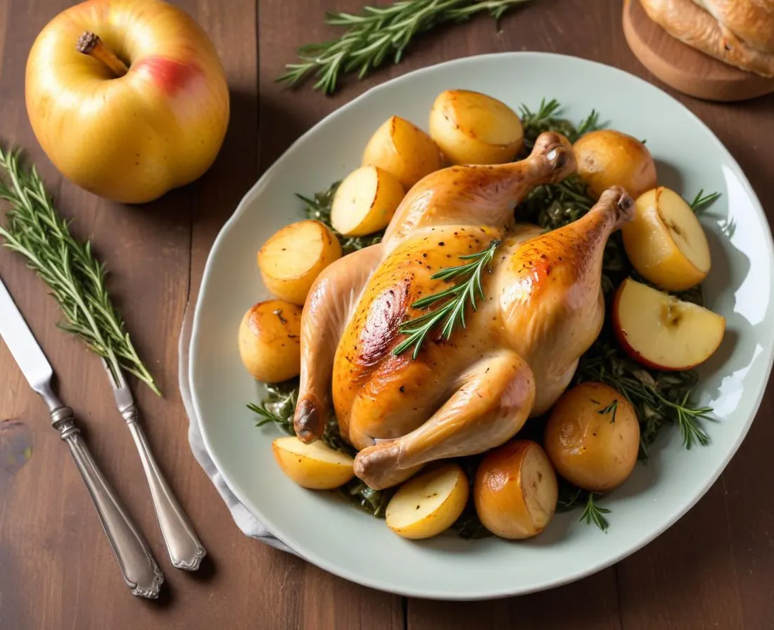 Poulet rôti aux herbes et pommes de terre grenaille