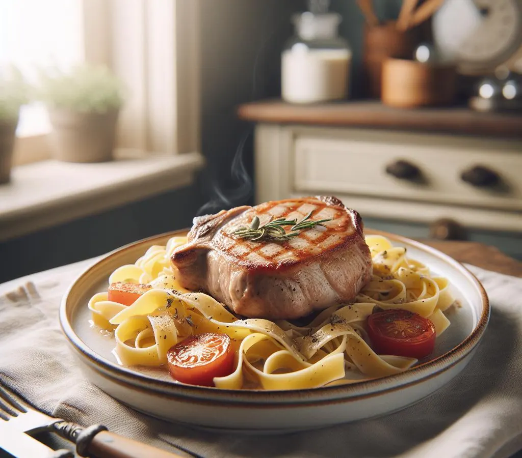 Côte de porc échine à la crème et tagliatelles