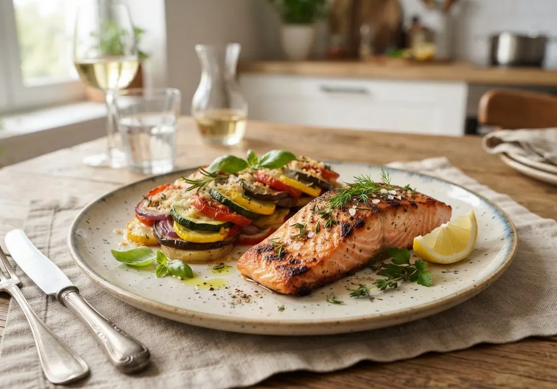 Saumon grillé et tian de légumes