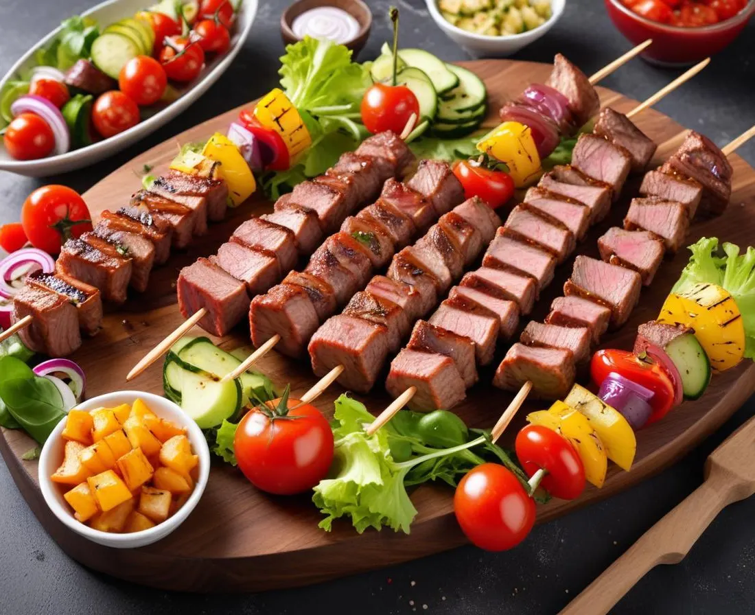 Barbecue : Brochettes de viande, salades composées et légumes grillés