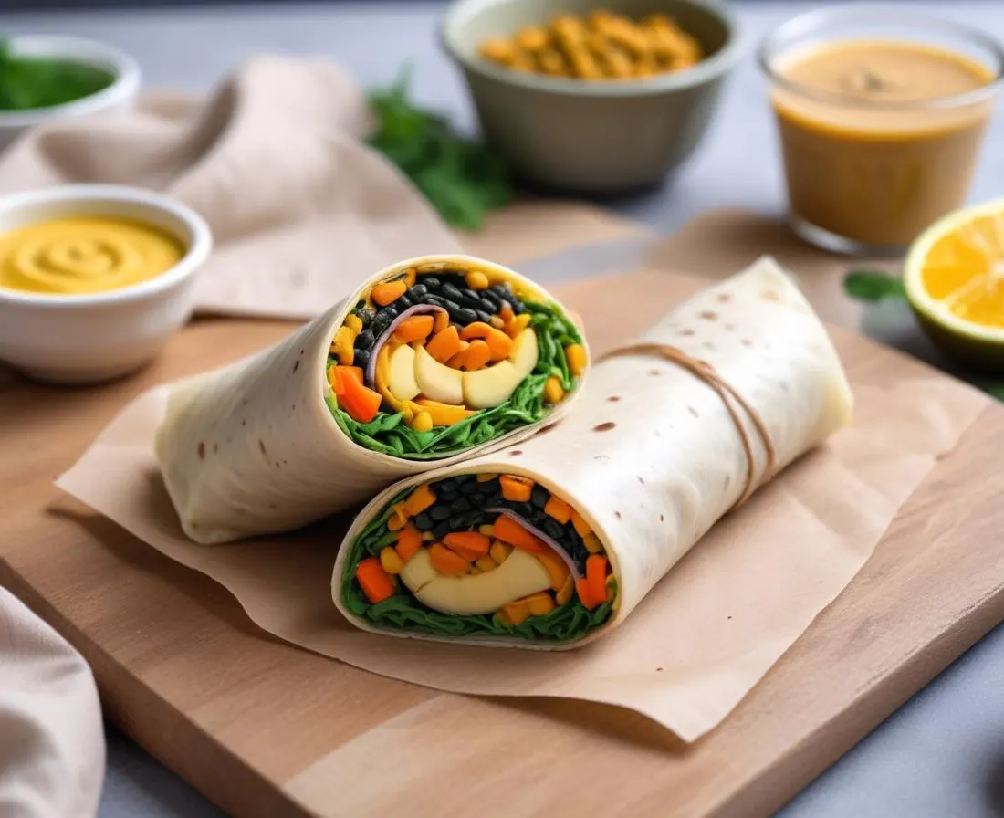 Wrap végétarien aux lentilles épicées, patate douce rôtie, épinards et sauce tahini au citron