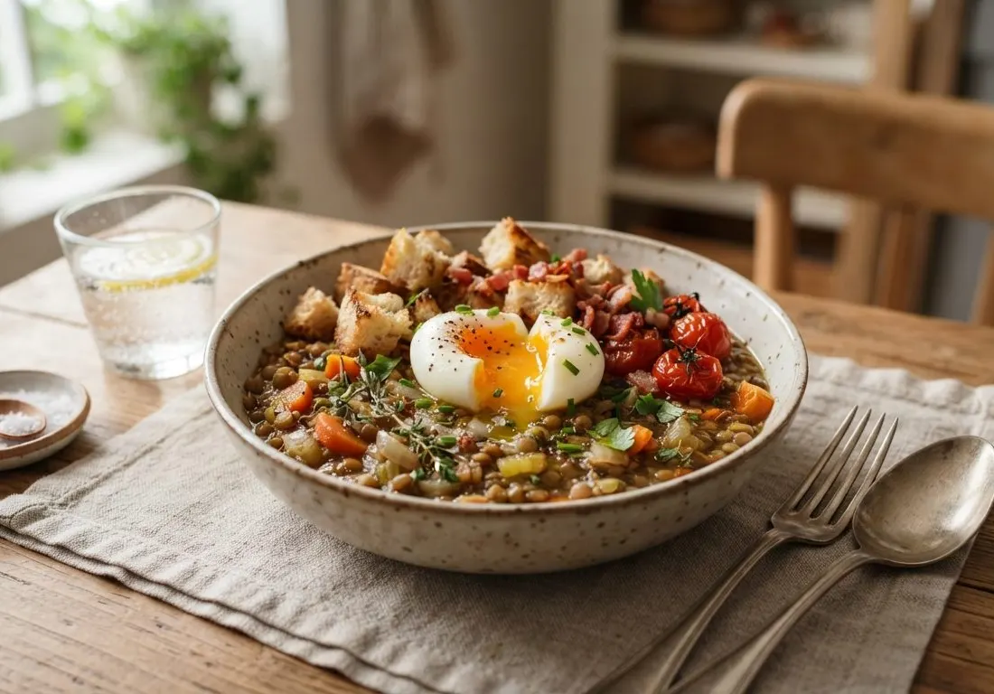 Bowl de lentilles et œuf mollet