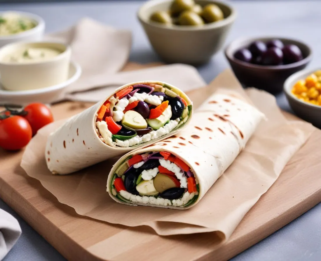 Wrap méditerranéen au houmous, légumes grillés, feta et olives Kalamata