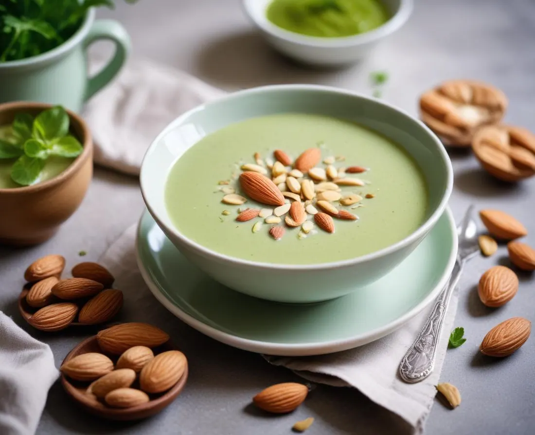 Velouté vert d'ortie et amandes fraîches