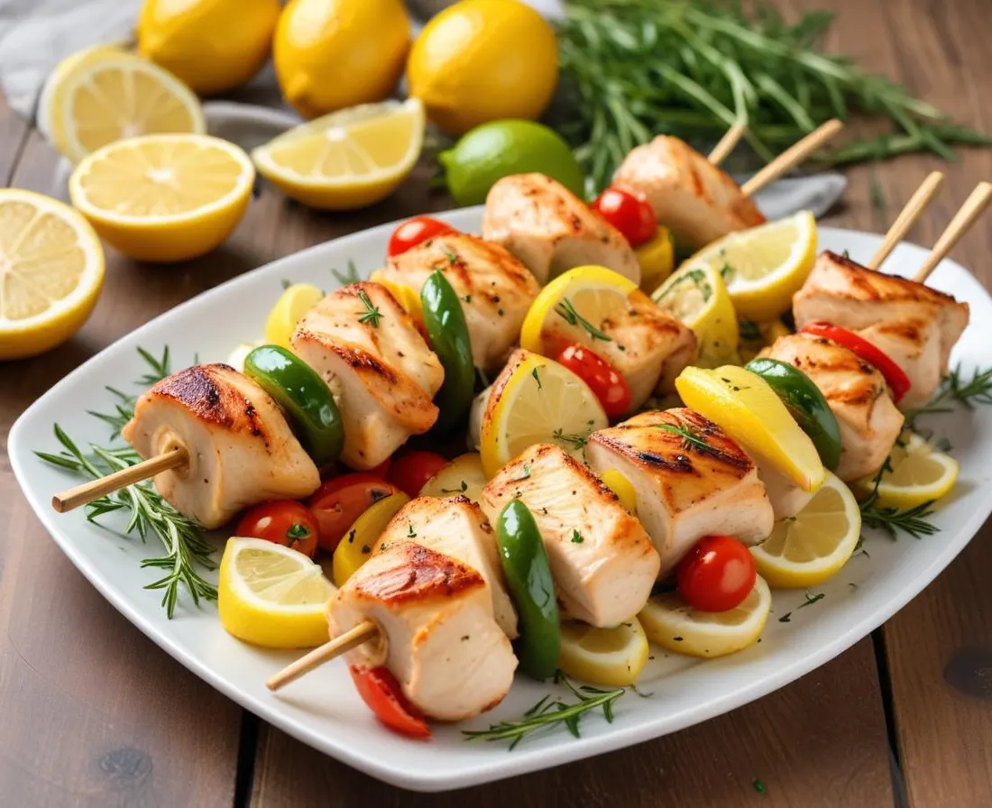 Brochettes de Poulet Marinées au Citron et Herbes, Légumes Grillés