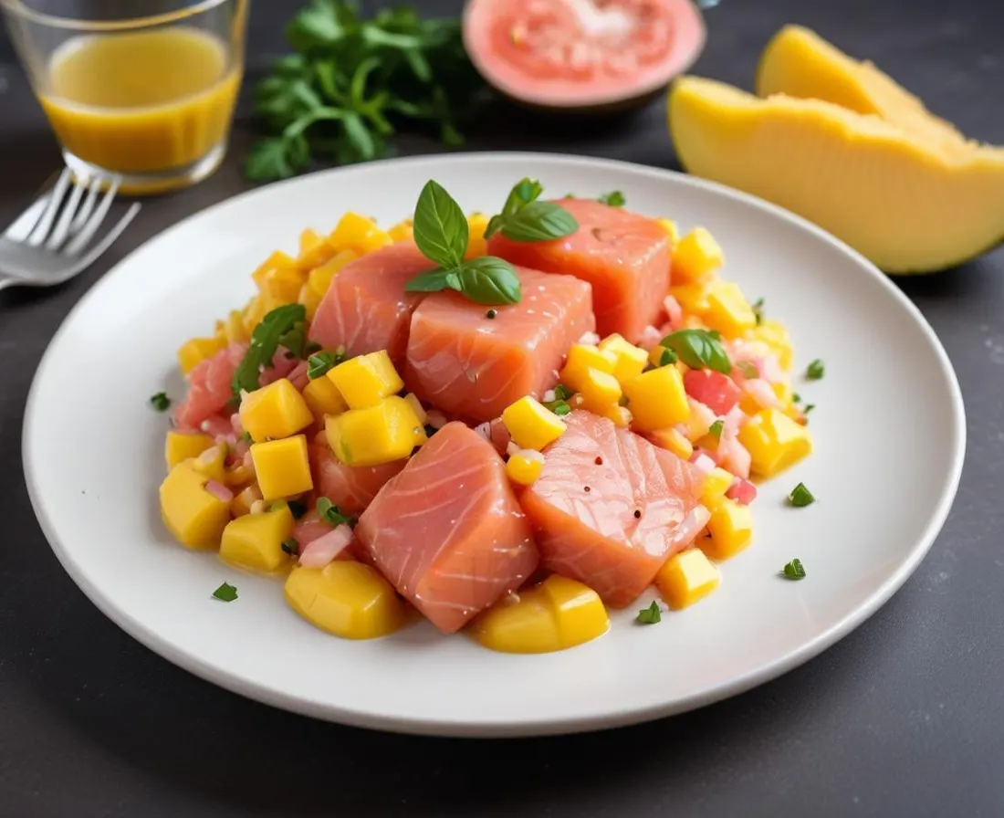 Tartare de saumon à la mangue et vinaigrette passion